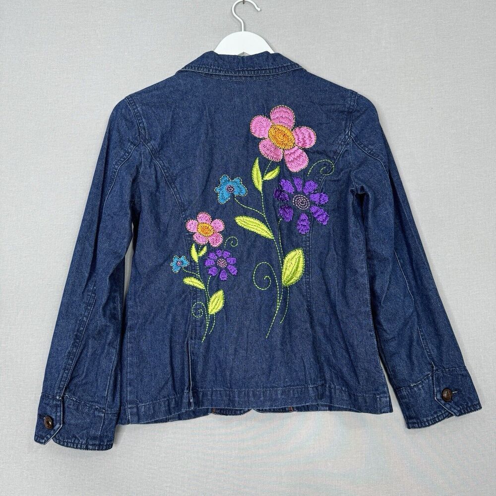 Vintage Tco. Womens Blazer Medium Blue Floral Embroidered Denim Jacket Y2K Boho